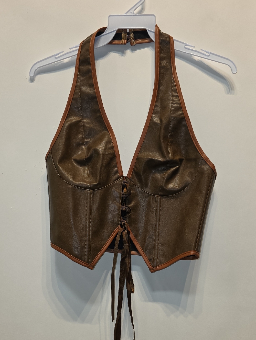 Brown Faux Leather Halter Corset Top. Sexy Rodeo Or Cowgirl Look